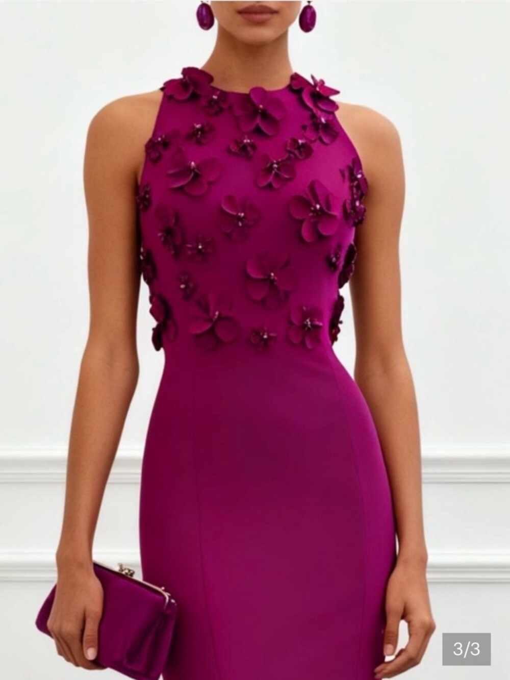 FEHAUTE 3D Floral Crew Neck, Sleeveless Mermaid Style Gown. - Picture 3 of 6
